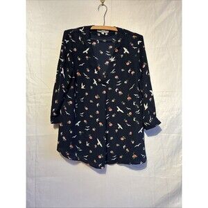Lex & Madison Bird Floral Blouse Womens Large Navy V-Neck Long Sleeve Boho Top